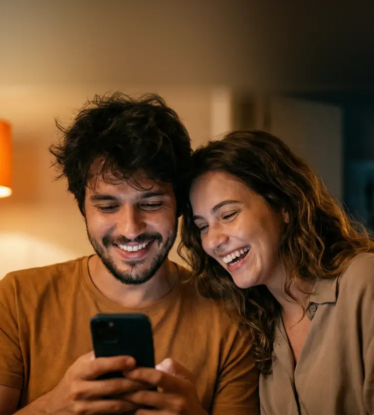 Casal rindo de um vídeo no celular, no sofá de casa