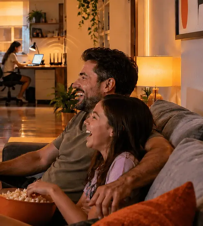 Pai e filha rindo no sofá enquanto assistem a um filme